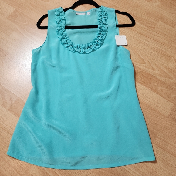 NWT Halogen 100% Silk Sleeveless Blouse Ruffle Scoop Neck Medium Glacier Blue - Picture 6 of 14